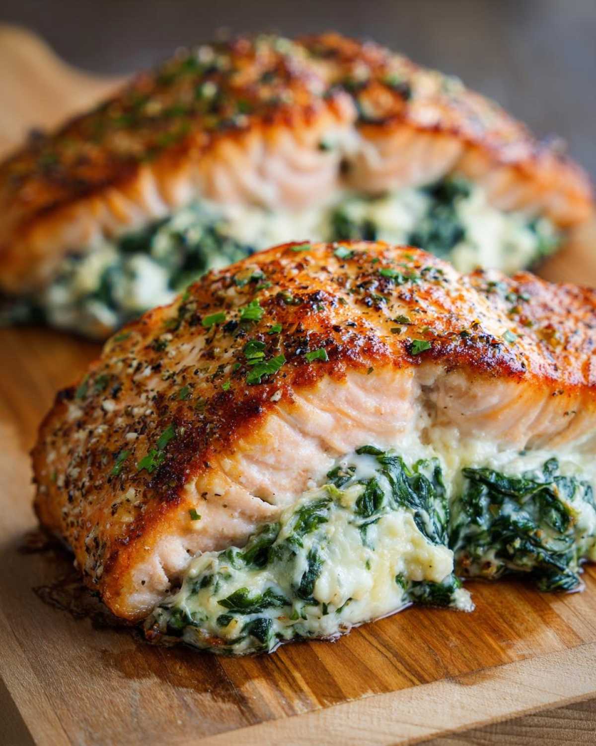 A close-up of a perfectly cooked stuffed salmon fillet oozing creamy spinach filling, ready to eat.