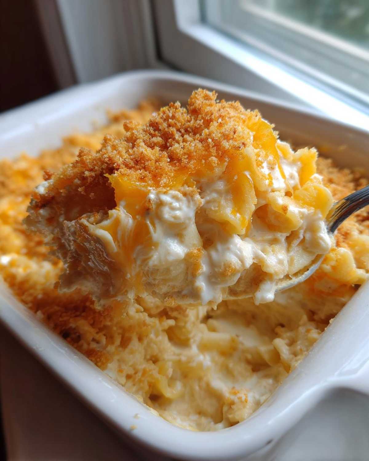 A spoonful of creamy Tuna Casserole lifted from a white baking dish, showing macaroni and a golden breadcrumb topping.