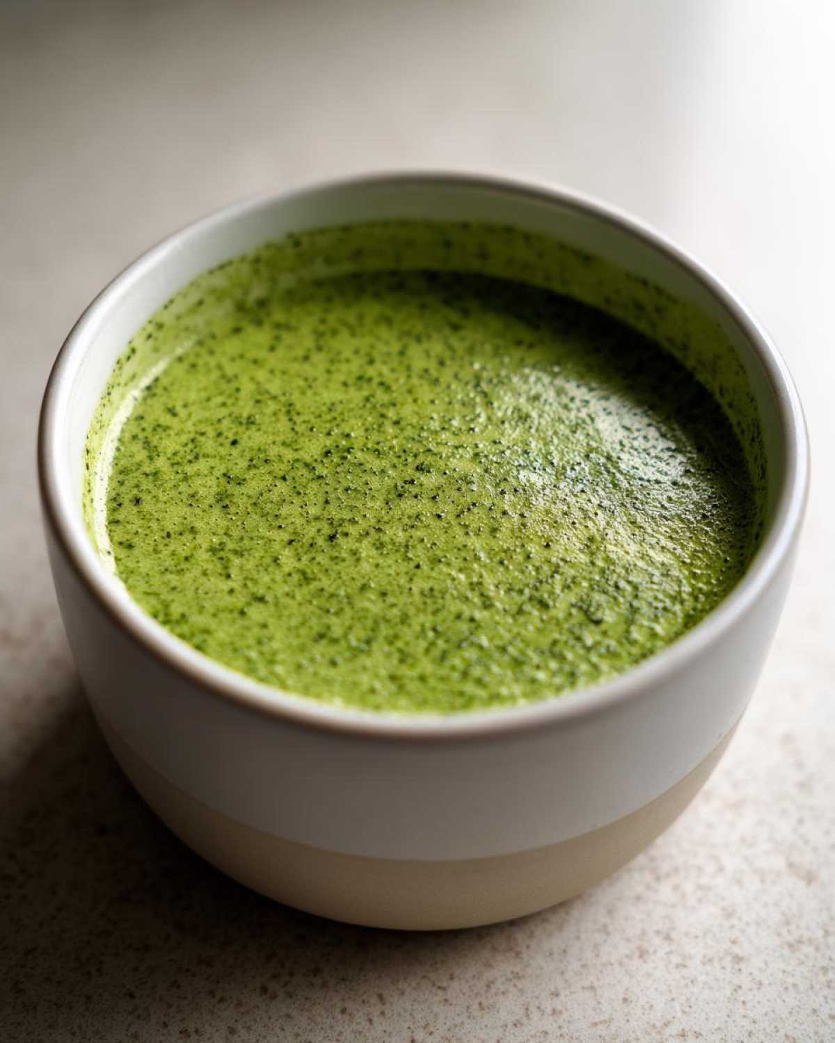 Close-up of vibrant green, creamy zucchini soup with a slightly frothy top in a white and beige bowl.