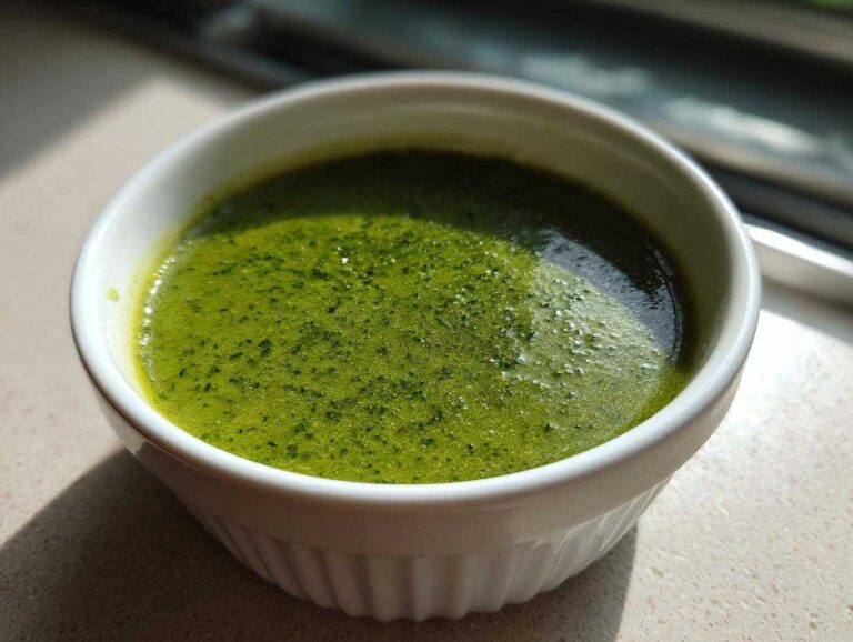 Close-up of vibrant green creamy zucchini soup garnished with herbs in a white ramekin.