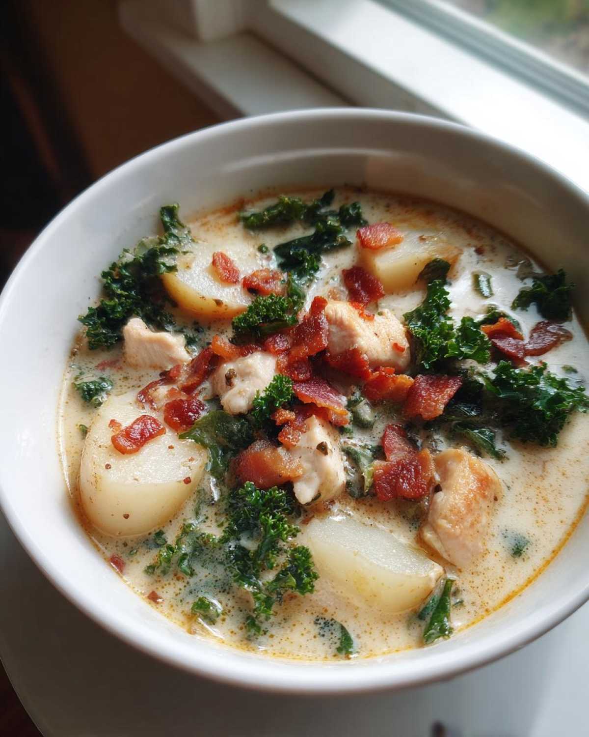 A close-up of a bowl of creamy Zuppa Toscana soup topped with chicken, potatoes, kale, and crumbled bacon.