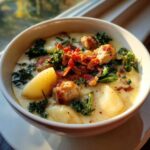 A close-up of a creamy bowl of Zuppa Toscana soup featuring sausage, potato chunks, kale, and crispy bacon topping.