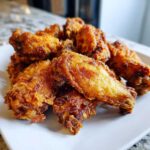 A pile of golden brown, crispy air fryer chicken wings served on a white plate.