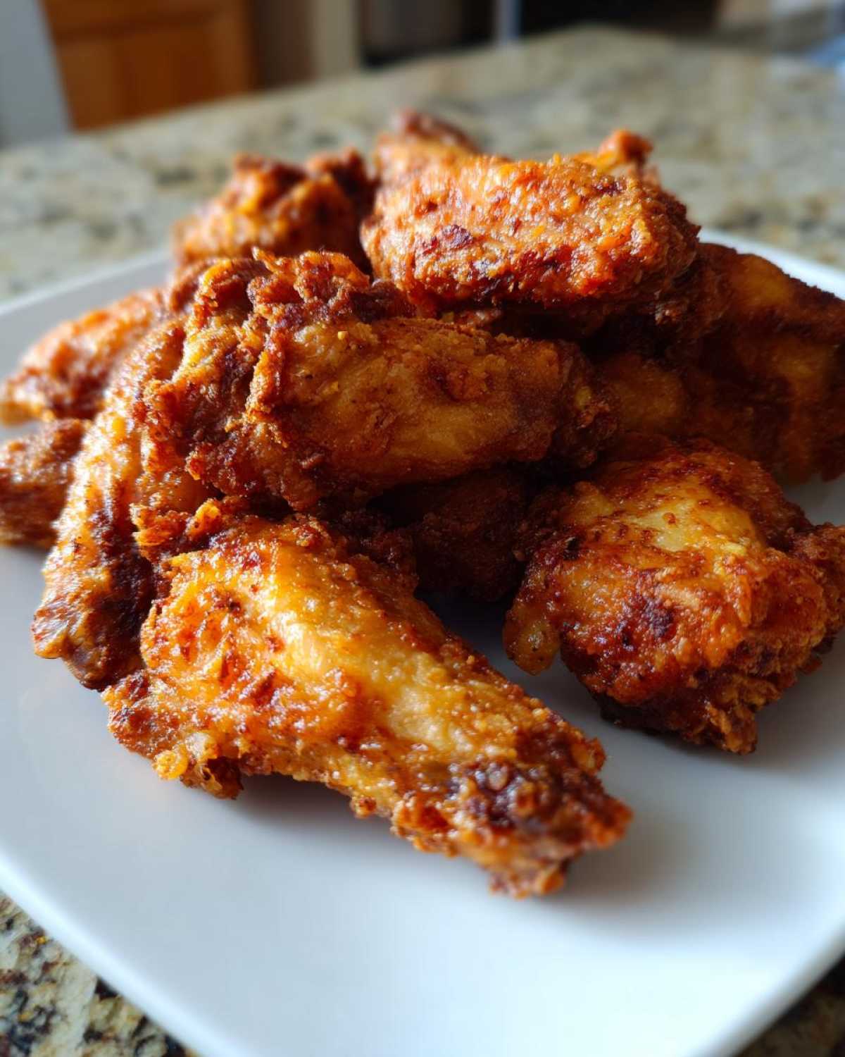 A pile of golden brown, crispy air fryer chicken wings stacked on a white plate.