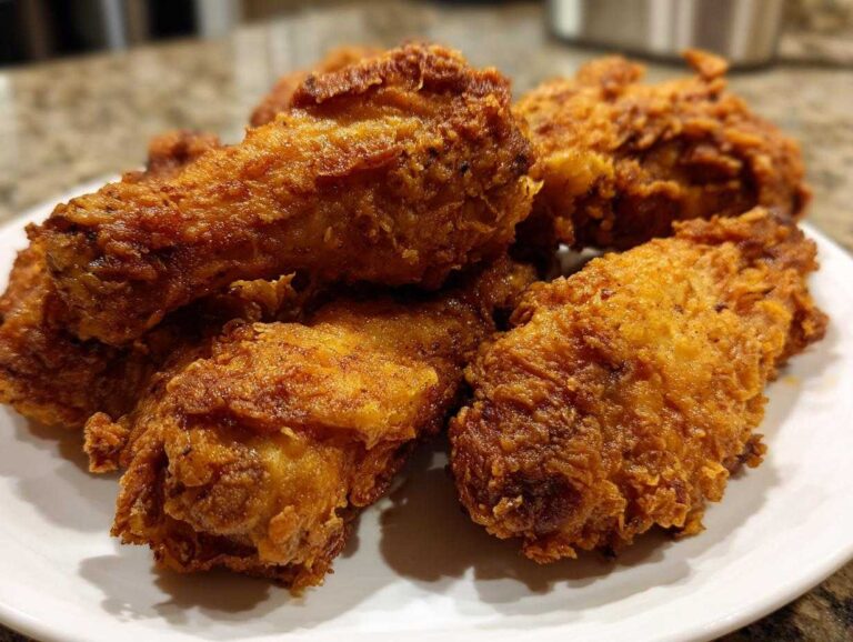 A close-up of several golden brown, extra crispy air fryer chicken wings piled on a white plate.