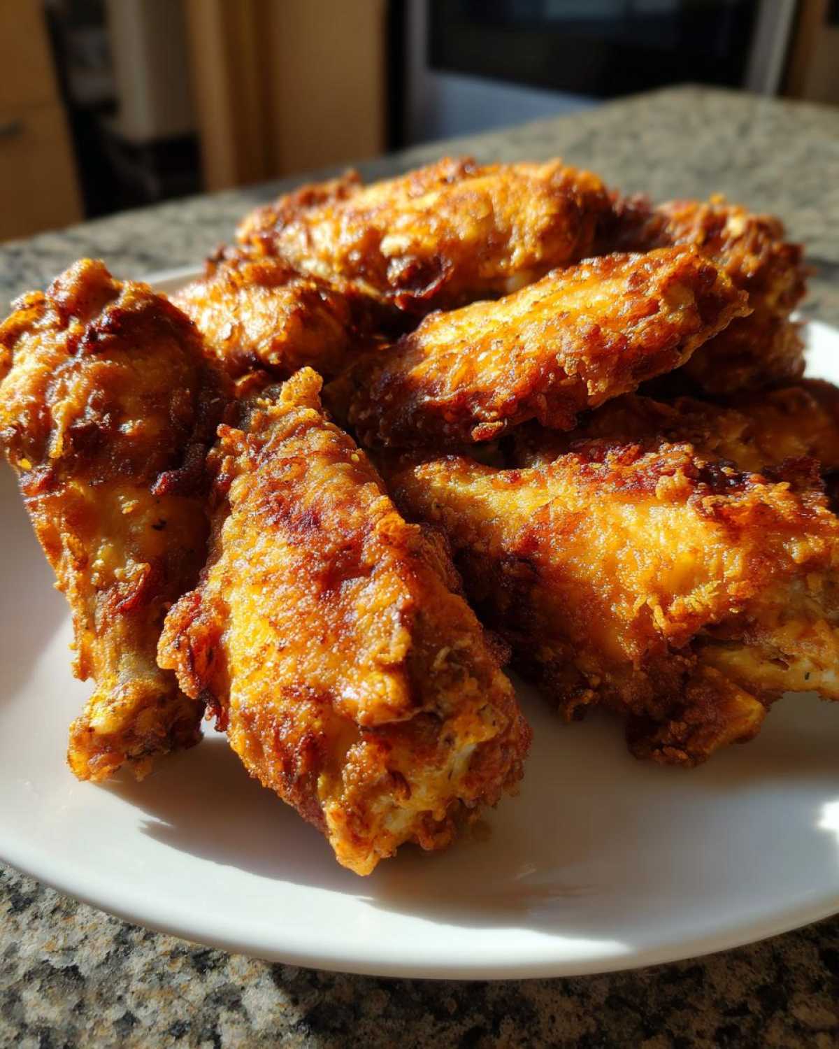 A close-up of several golden brown, crispy air fryer chicken wings piled on a white plate.
