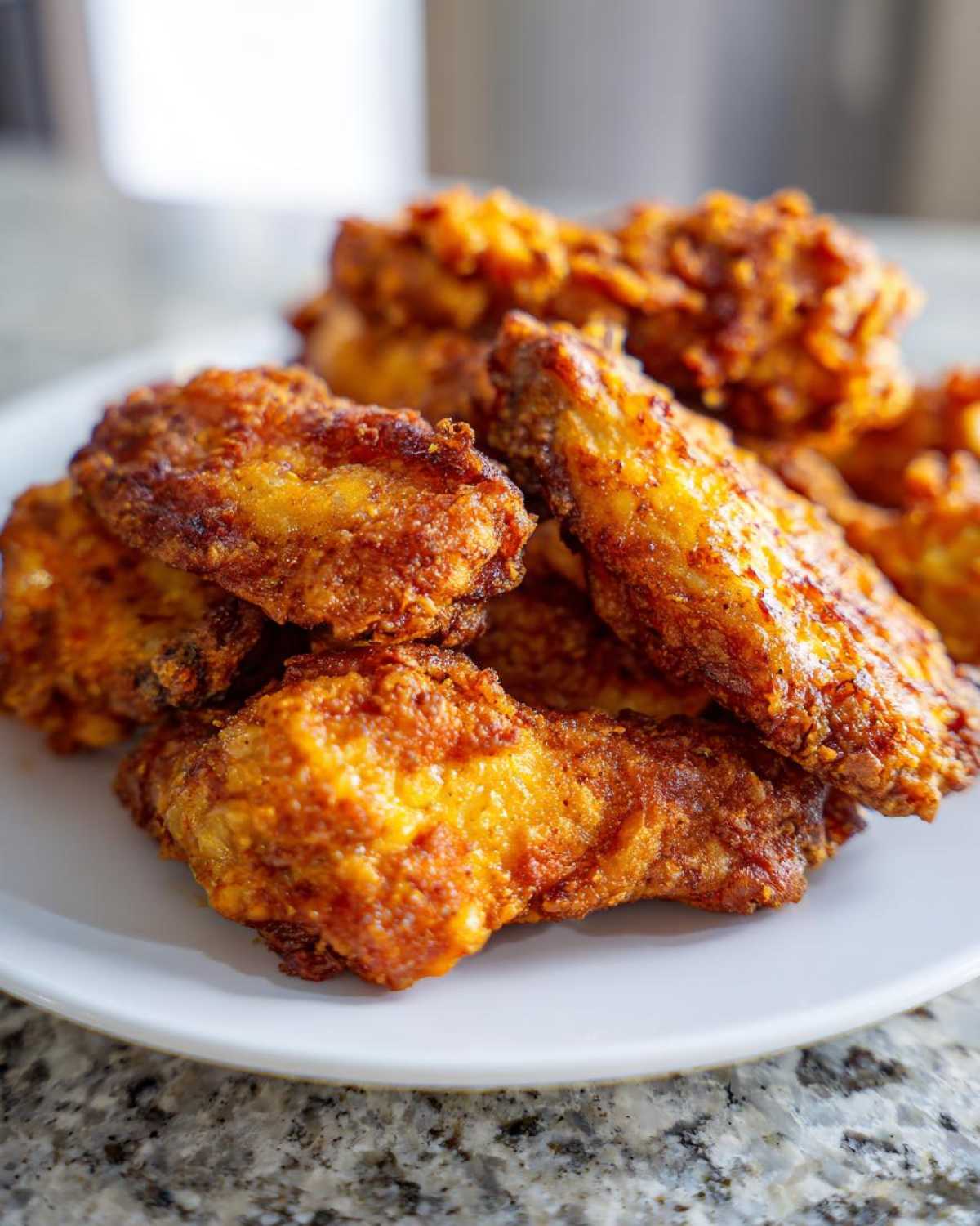 Close-up of golden brown, crispy air fryer chicken wings piled high on a white plate.