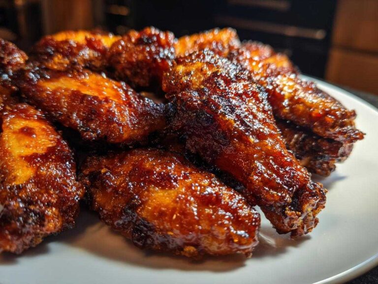 A close-up of several glossy, dark brown crispy baked chicken wings piled on a white plate.