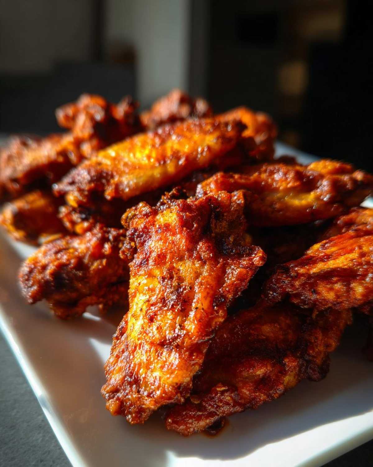 Close-up of a pile of golden-brown, crispy baked chicken wings glistening under bright light.