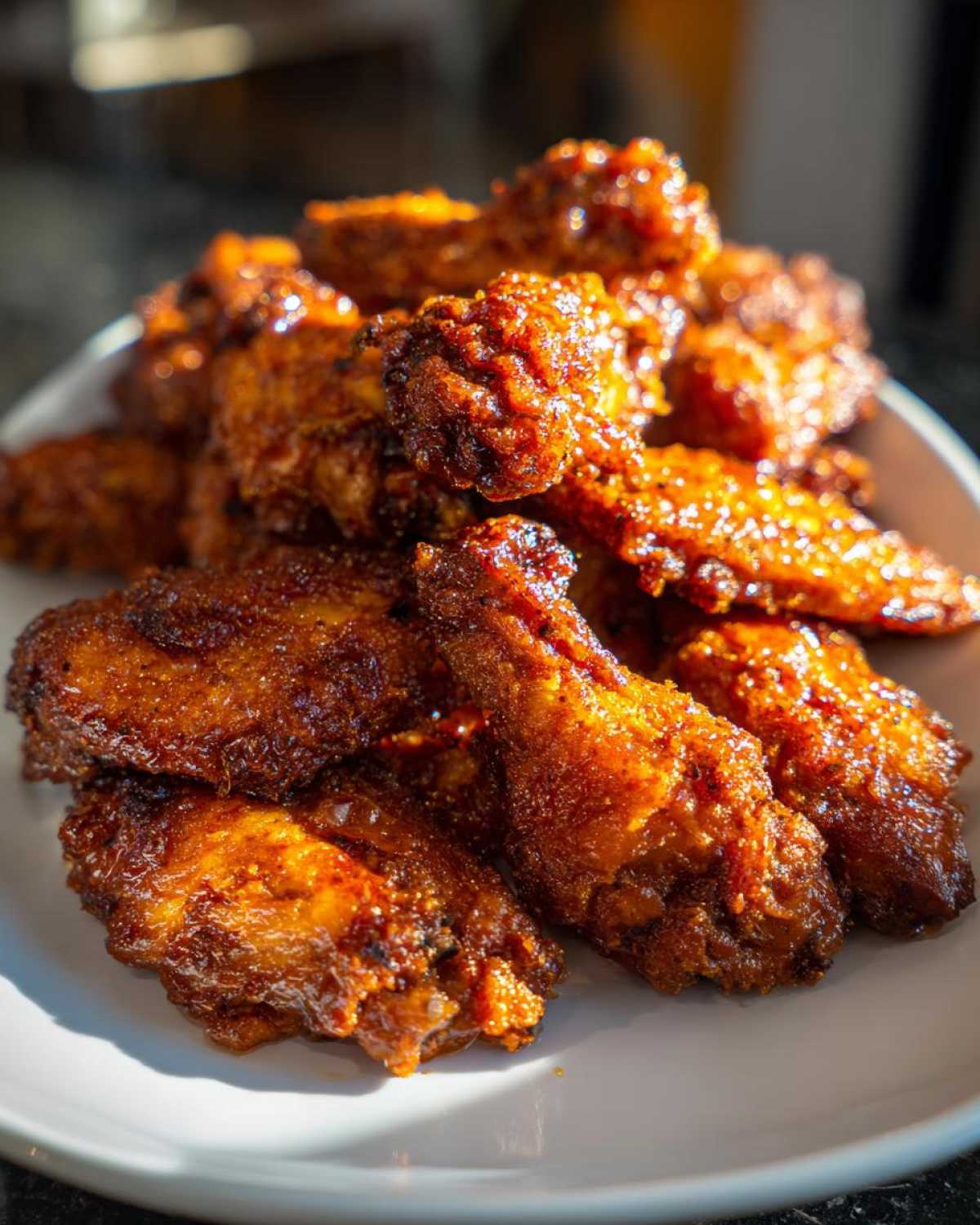 A close-up of a mound of glossy, dark brown crispy baked chicken wings piled high on a white plate.