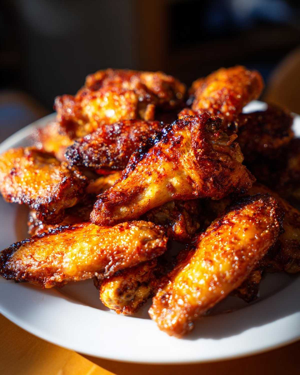 A close-up shot of a pile of golden brown, glossy, crispy baked chicken wings stacked on a white plate.