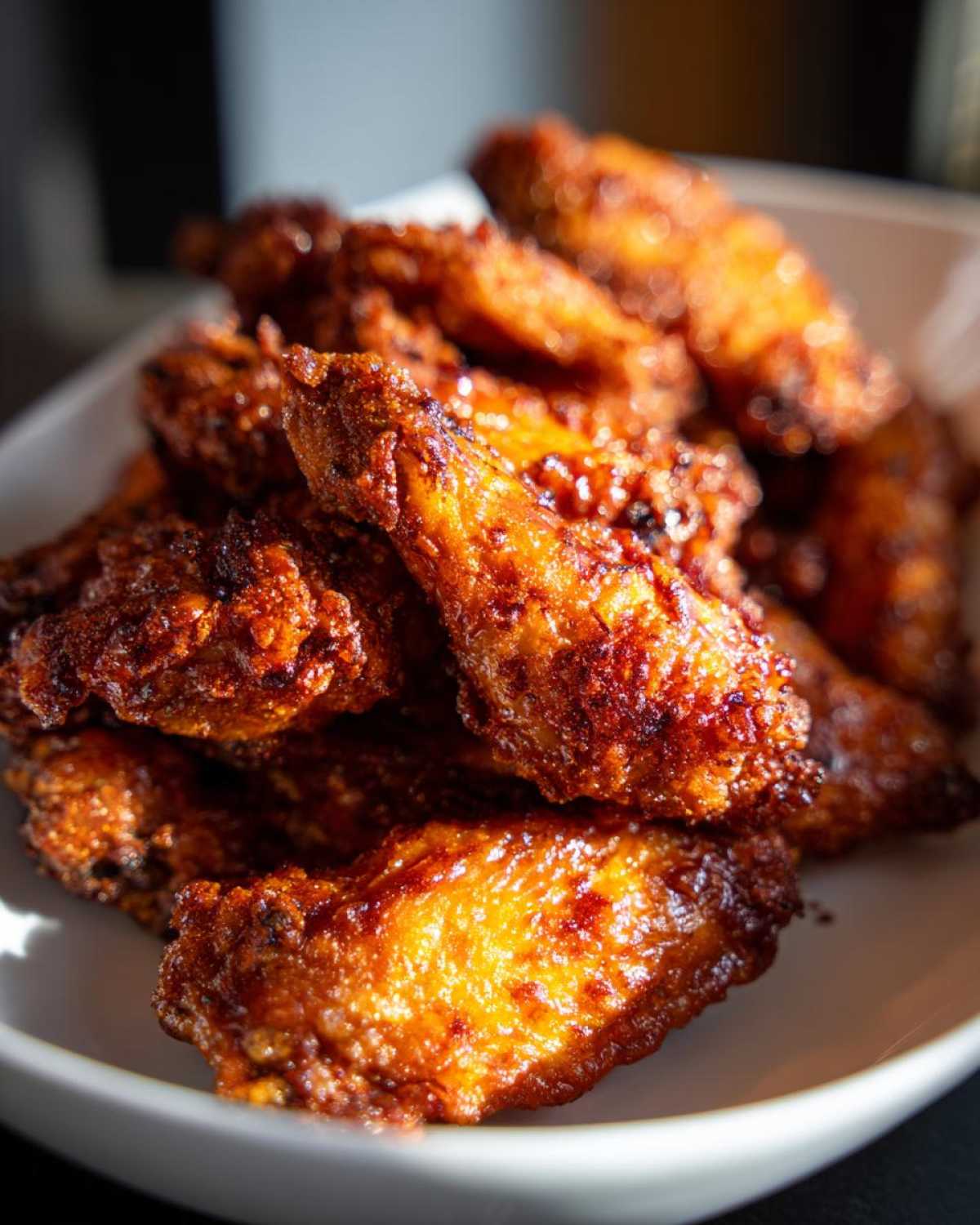 Close-up of a pile of golden brown, crispy baked chicken wings served in a white bowl.
