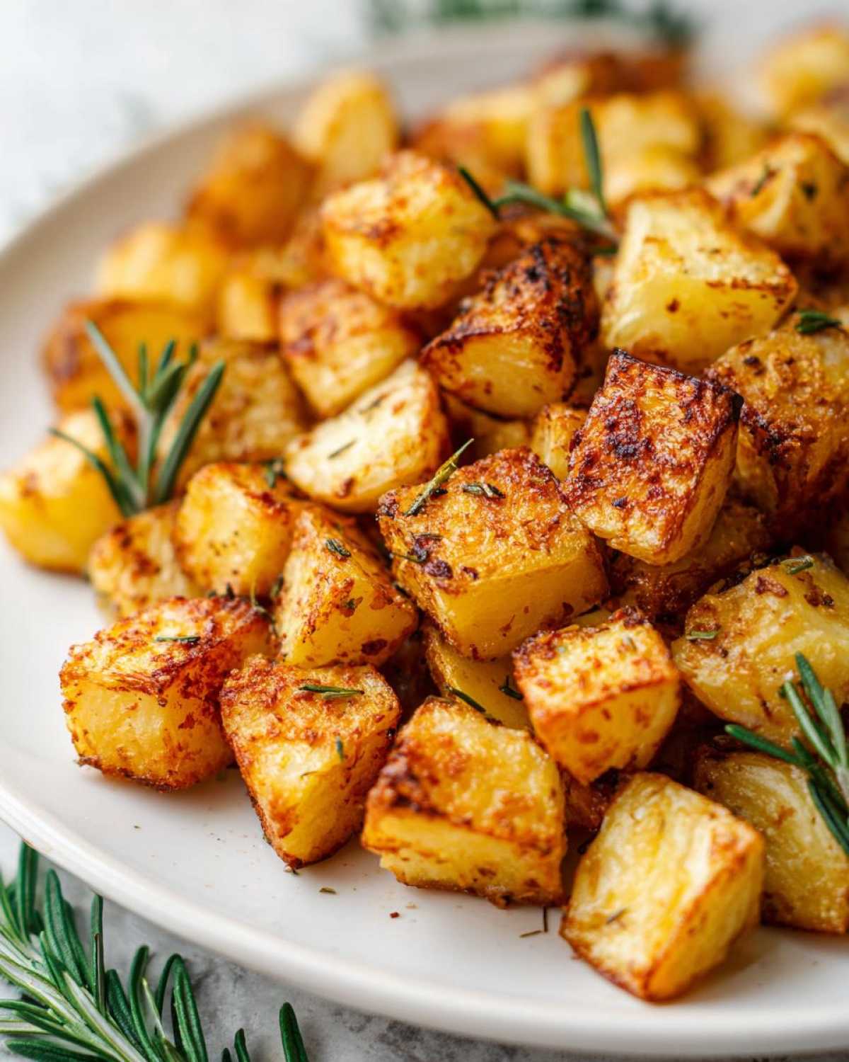 Close-up of golden brown, crispy breakfast potatoes seasoned with rosemary on a white plate.