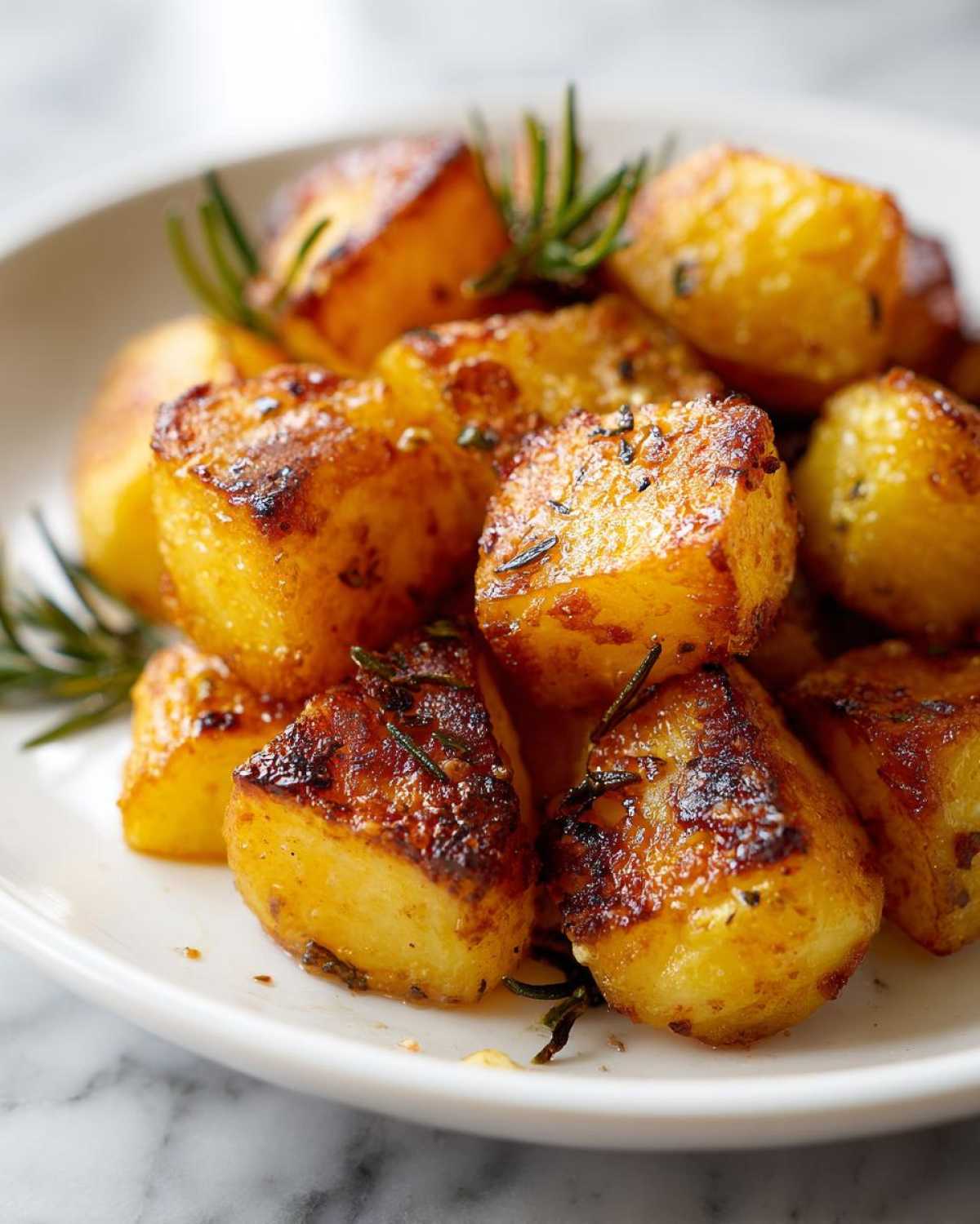 Close-up of golden, crispy breakfast potatoes seasoned with herbs and garnished with fresh rosemary.