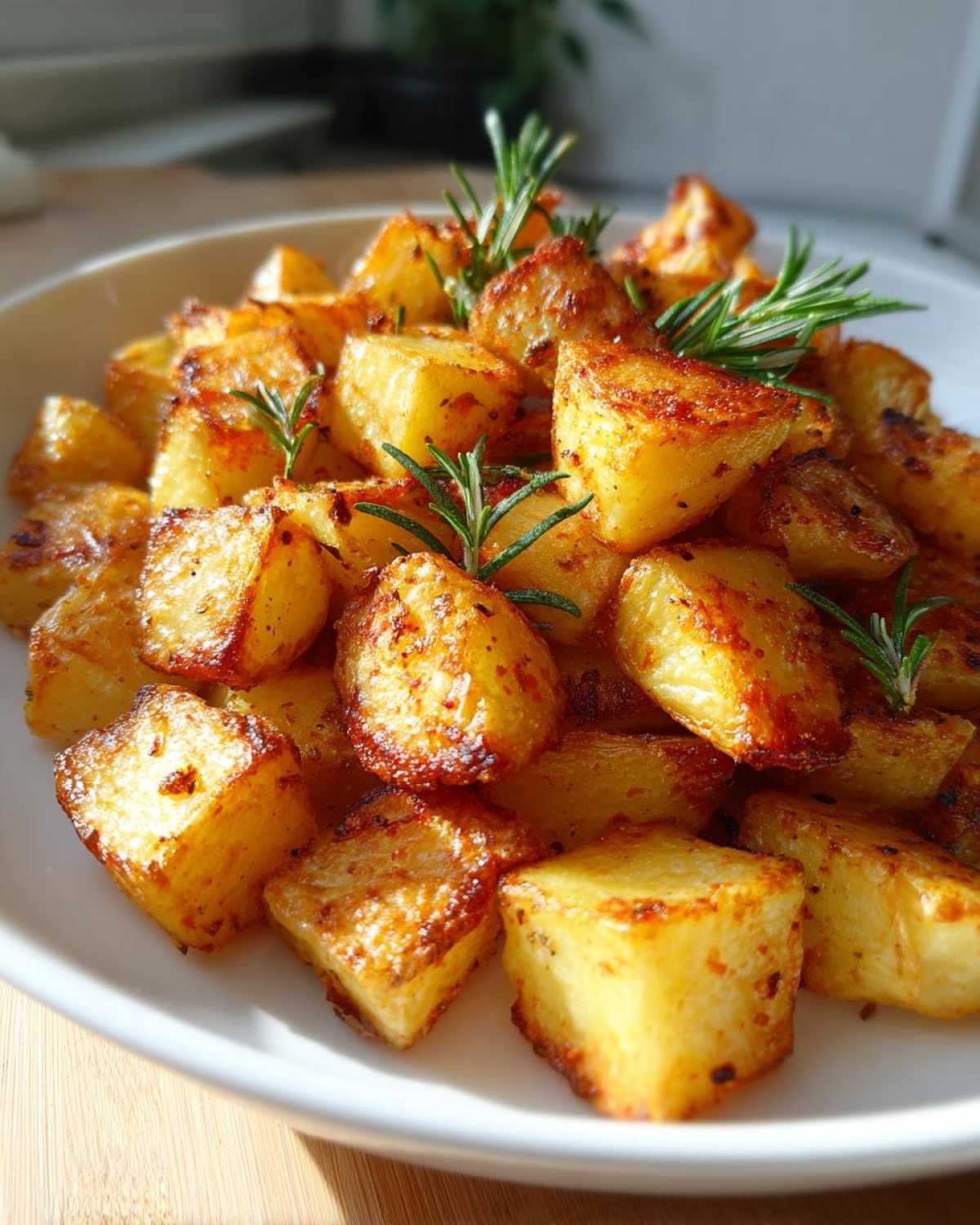 Close-up of golden, crispy roasted breakfast potatoes seasoned and garnished with fresh rosemary sprigs.