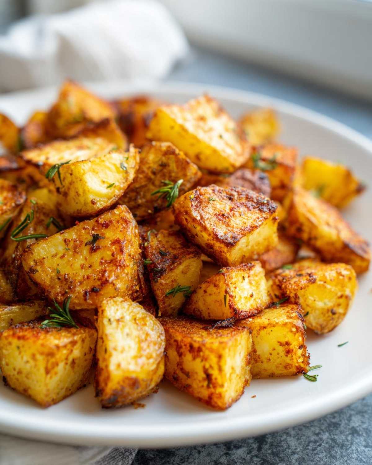 Close-up of golden brown, crispy roasted breakfast potatoes seasoned with herbs on a white plate.