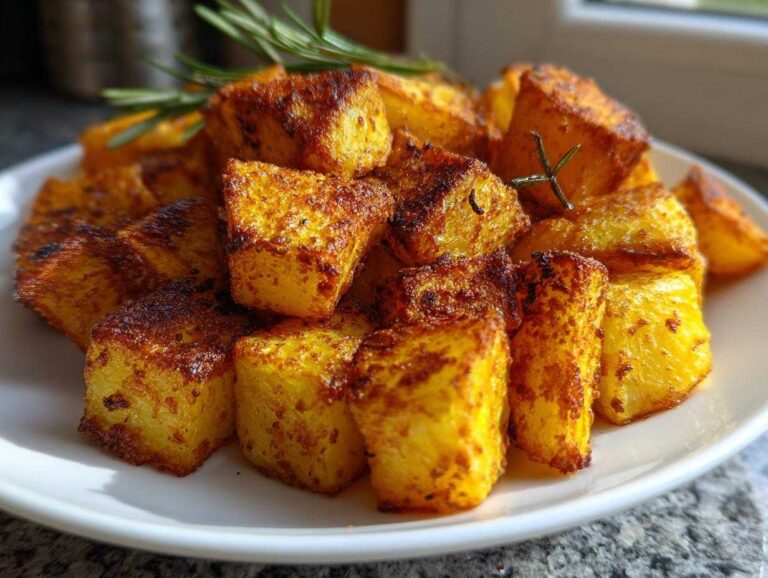 Close-up of golden, crispy roasted breakfast potatoes seasoned with spices and garnished with fresh rosemary.