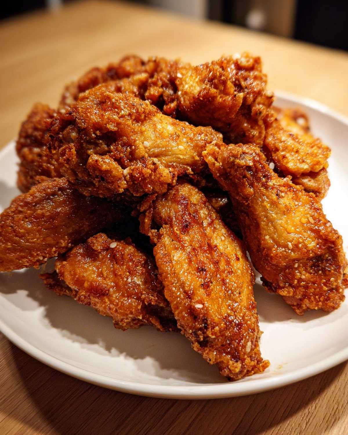 A close-up of a mound of perfectly crispy, golden brown chicken wings piled high on a white plate.