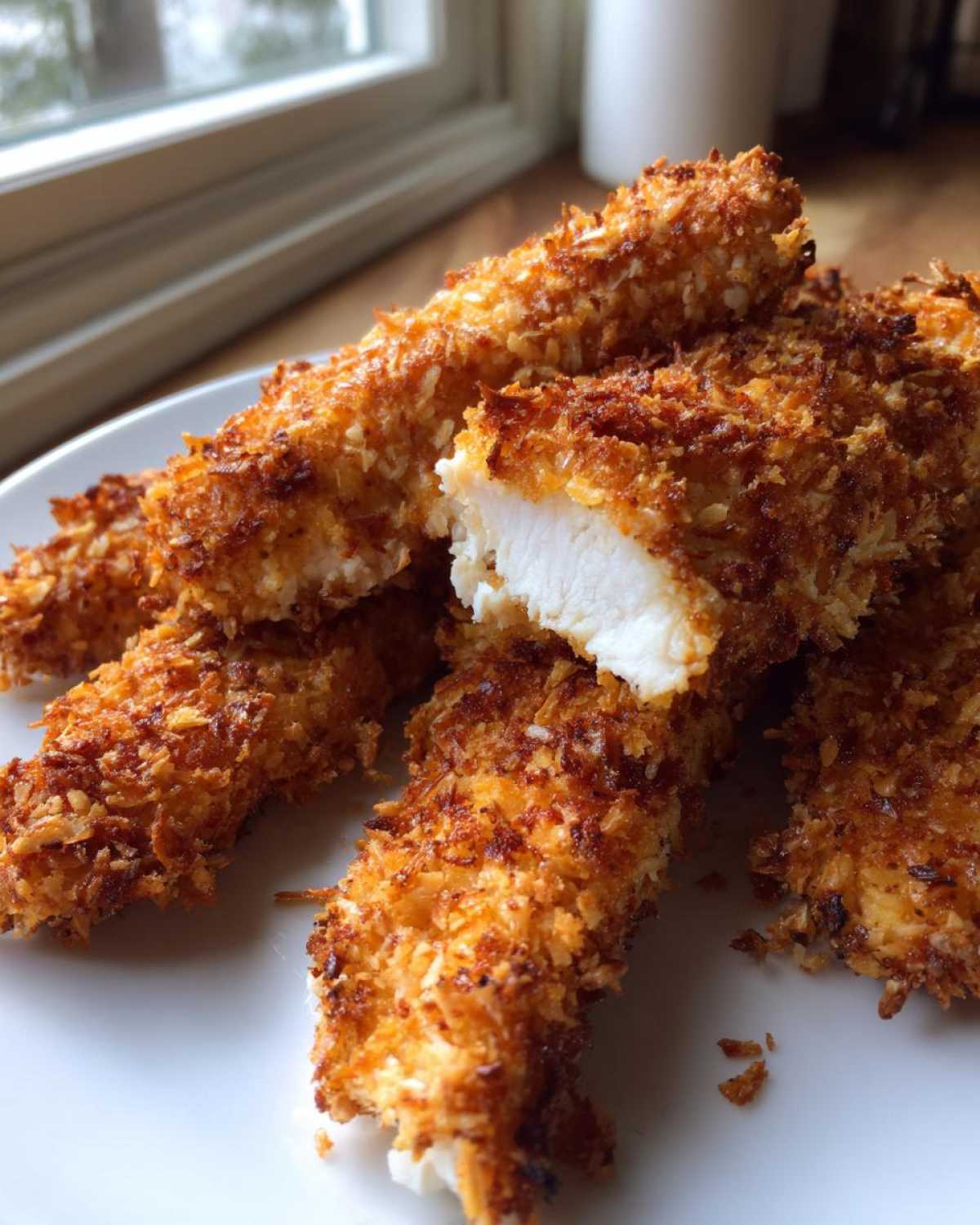 Close-up of golden brown, crispy coconut chicken tenders piled on a white plate, one piece broken open showing white meat.