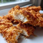 Close-up of crispy coconut chicken tenders, one piece broken open to show the moist white meat inside.