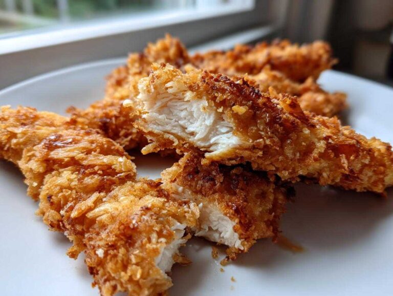 Close-up of crispy coconut chicken tenders, one piece broken open to show the moist white meat inside.