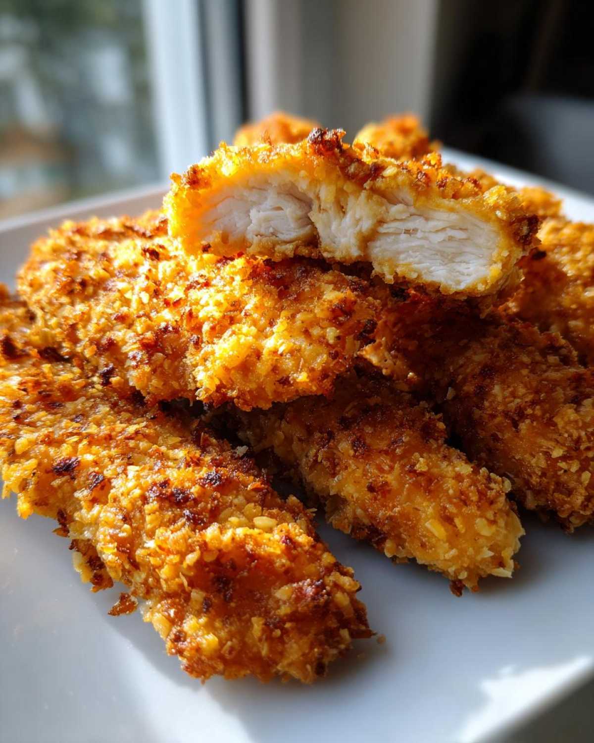 Close-up of crispy coconut chicken tenders, one piece cut open showing juicy white meat inside.