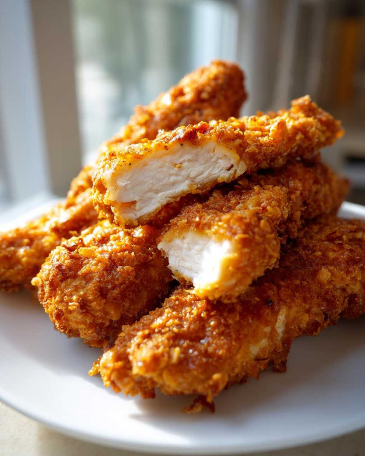 A stack of golden brown, crispy coconut chicken tenders on a white plate, one piece is broken open showing the white, juicy meat inside.