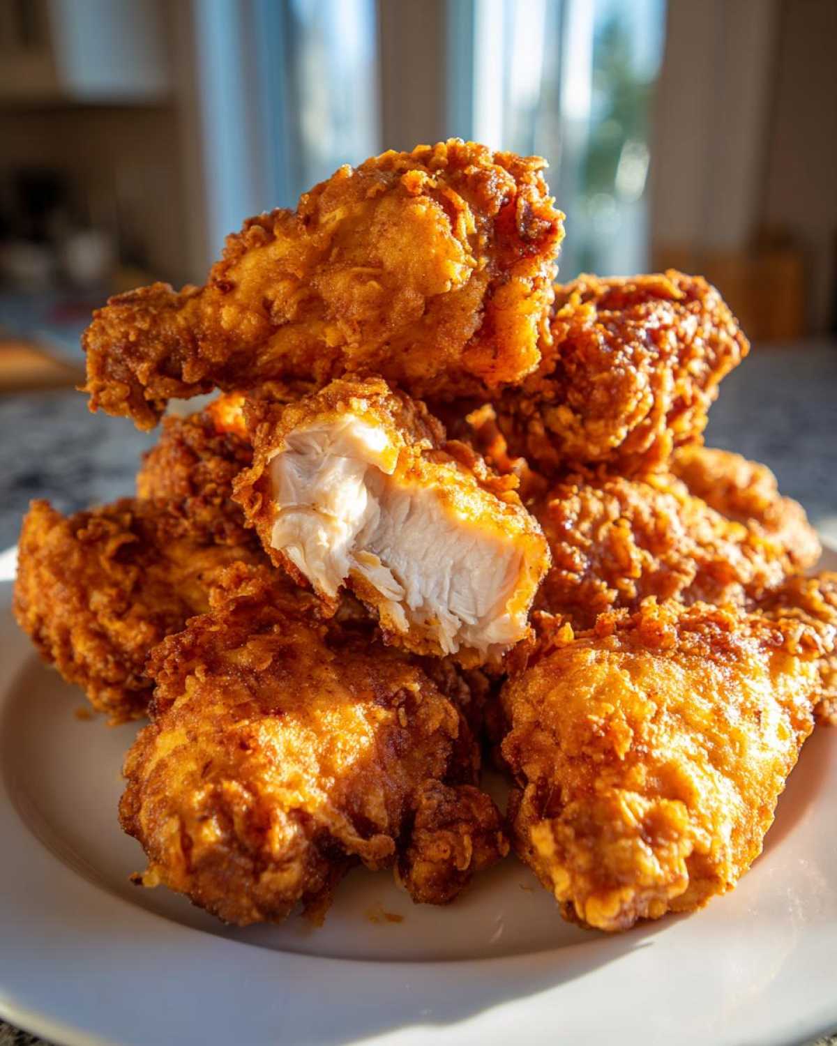 A stack of golden brown, crispy fried chicken wings, with one piece broken open showing juicy white meat.
