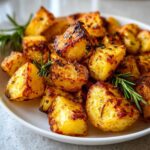 Close-up of perfectly crispy, golden-brown breakfast potatoes seasoned with herbs and garnished with rosemary sprigs.