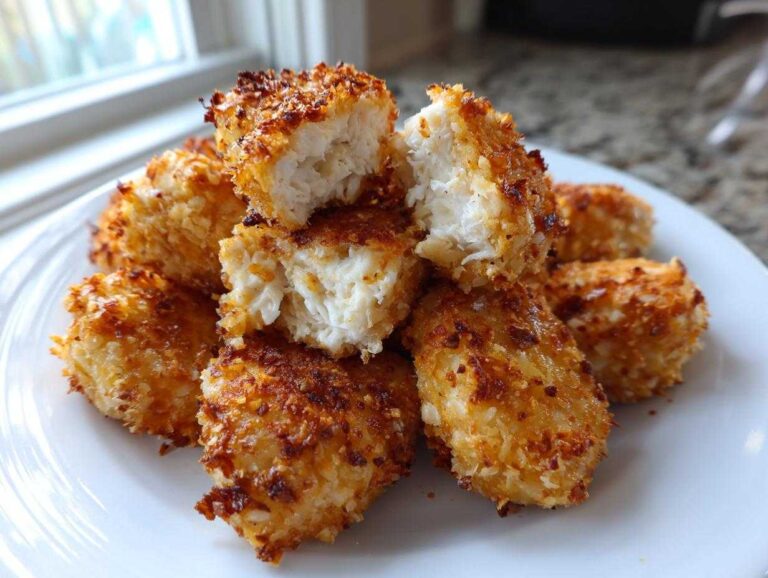 Close-up of crispy homemade chicken nuggets piled on a white plate, one nugget broken open showing white chicken meat inside.