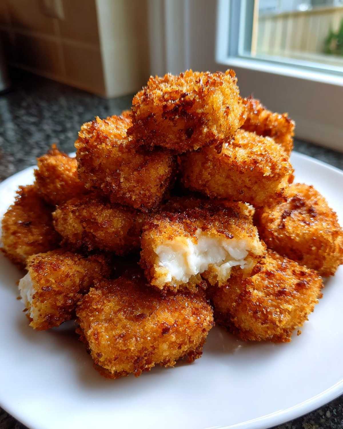 A pile of golden brown, crispy homemade chicken nuggets on a white plate, one nugget is broken open showing white meat.