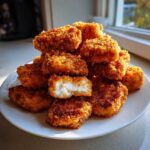 A pile of golden brown, crispy homemade chicken nuggets stacked on a white plate, one nugget is cut open showing white meat.