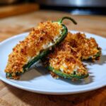 Close-up of three golden-brown, breaded jalapeño poppers filled with creamy cheese on a white plate.