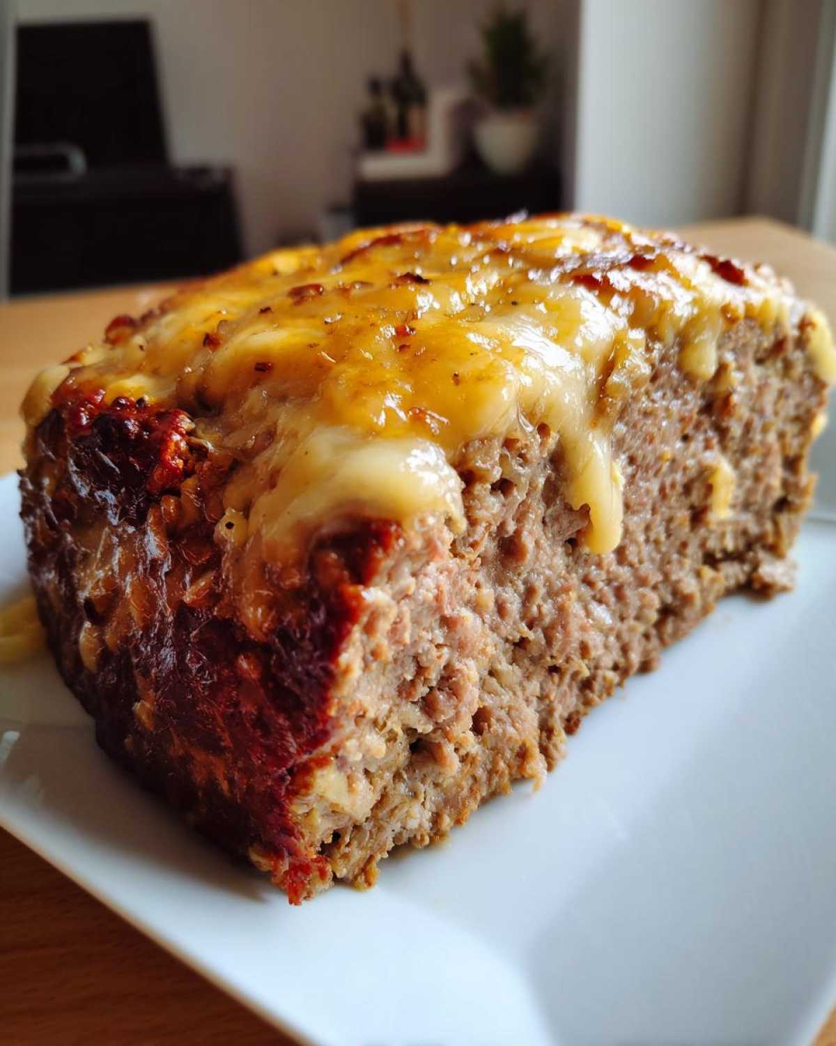 Close-up of a thick slice of crockpot french onion meatloaf topped with melted, golden cheese.