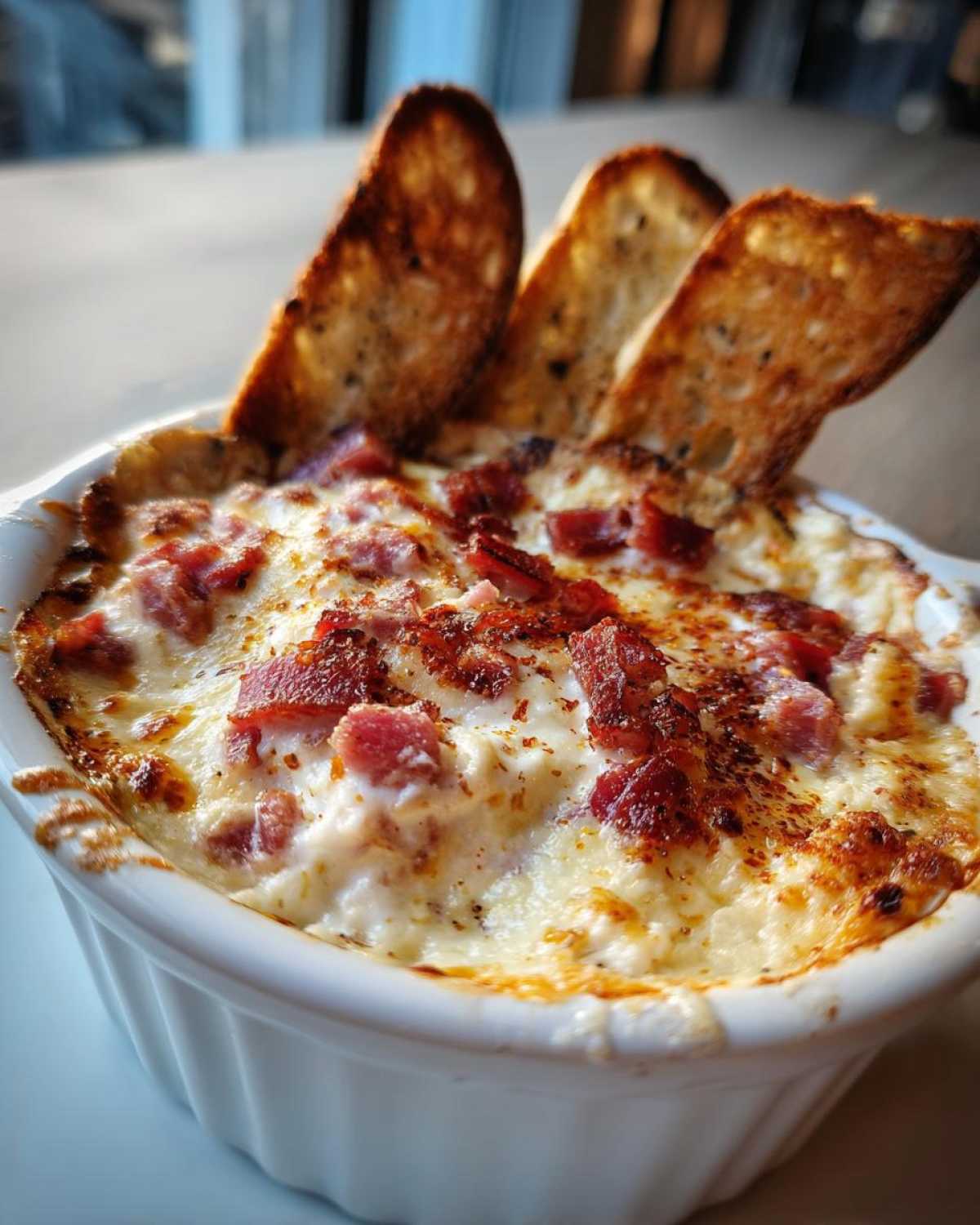 Close-up of a hot, cheesy reuben dip topped with corned beef chunks, served in a white ramekin with toasted bread for dipping.