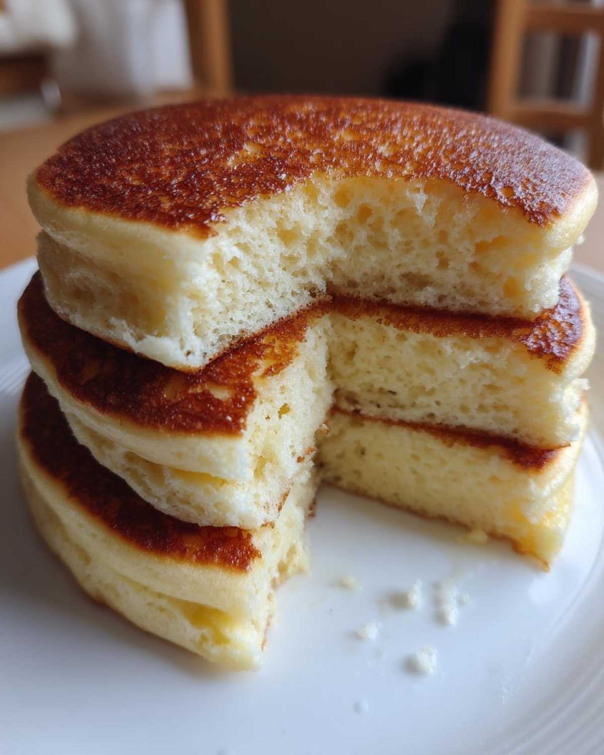 A stack of three thick, fluffy pancakes cut to show the airy interior texture, demonstrating perfect fluffy pancakes.