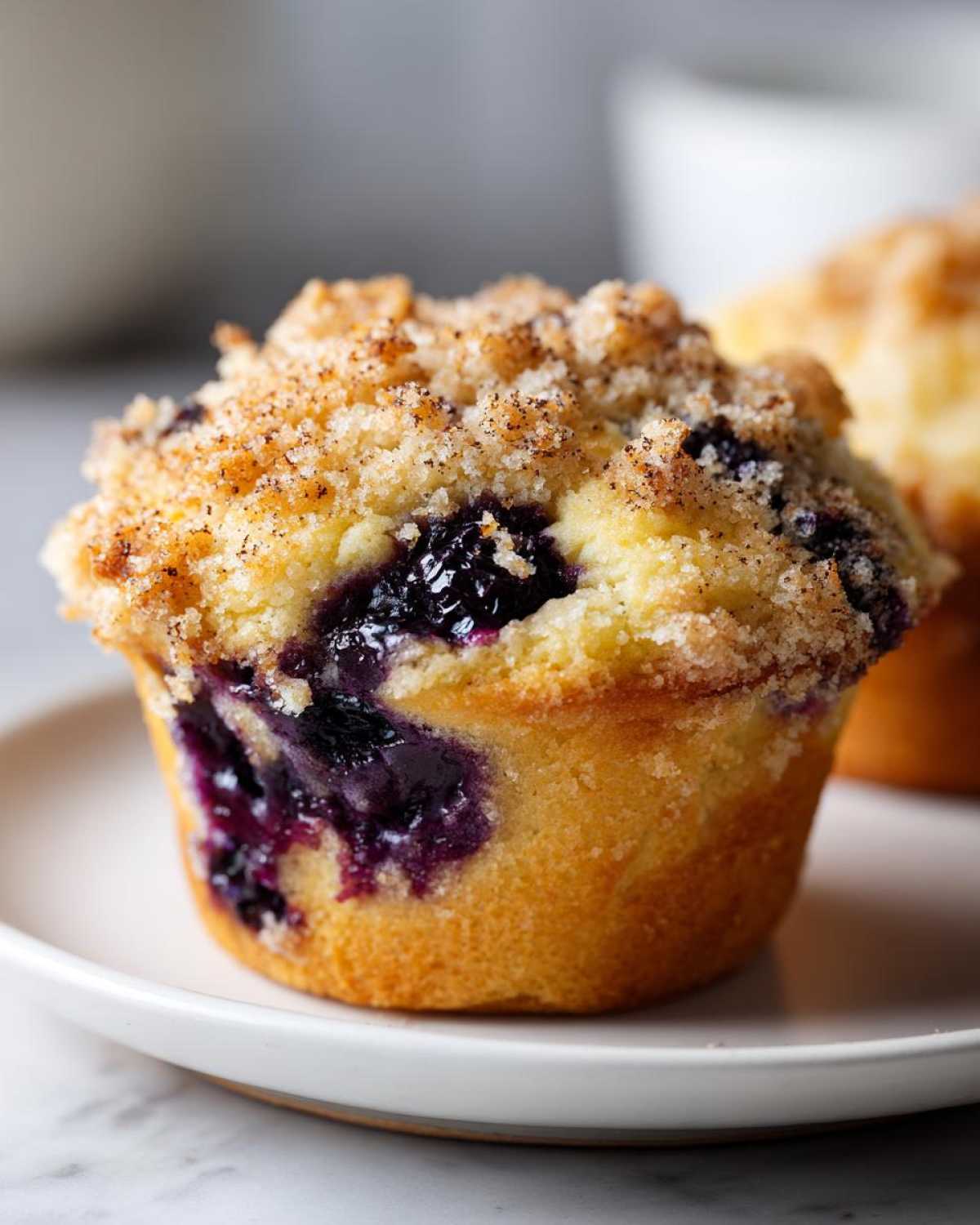 A close-up of a golden blueberry muffin topped with a sugary, spiced crumb topping.