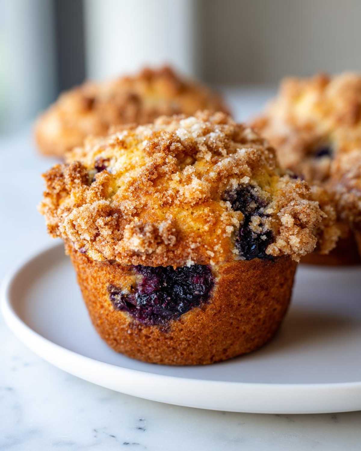 A close-up of a golden brown blueberry muffin topped with a thick, sugary crumb topping.