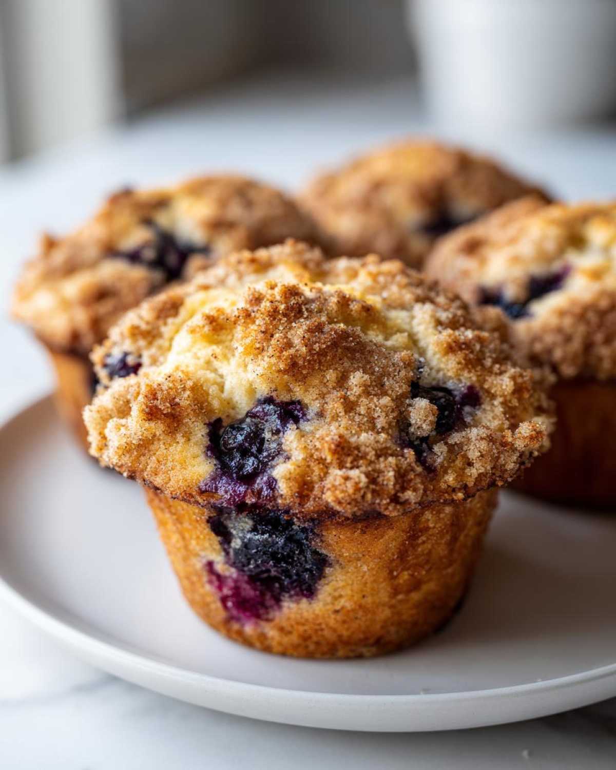 A close-up of a golden blueberry muffin topped with a generous cinnamon streusel crumb topping.