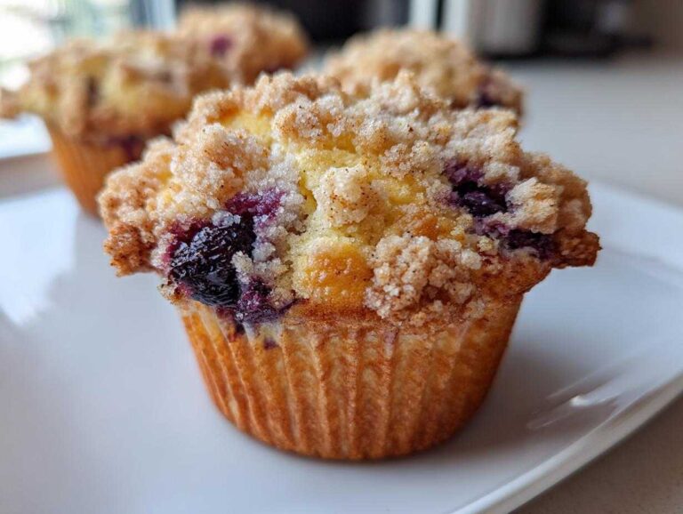 Close-up of a golden-brown blueberry muffin featuring a generous, sugary crumb topping and visible baked blueberries.