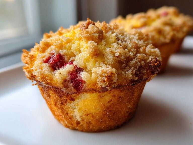 Close-up of a golden brown strawberry muffin featuring visible fresh strawberries and a sugary crumb topping.