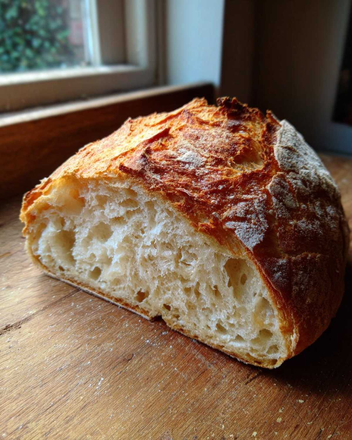 Close-up of a rustic loaf of Italian bread, showing the airy crumb and golden, crusty exterior.