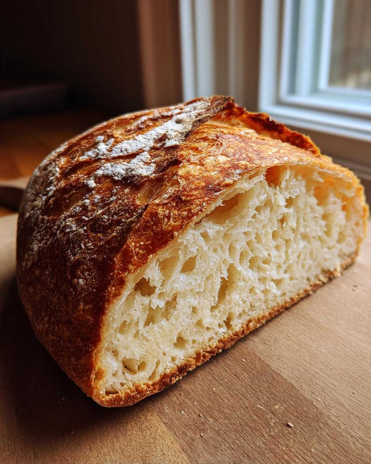 A cross-section of crusty Italian bread showing a beautiful open crumb structure and golden crust.