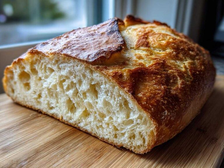 A loaf of crusty Italian bread, sliced open to show the airy, open crumb structure, resting on a wooden cutting board.