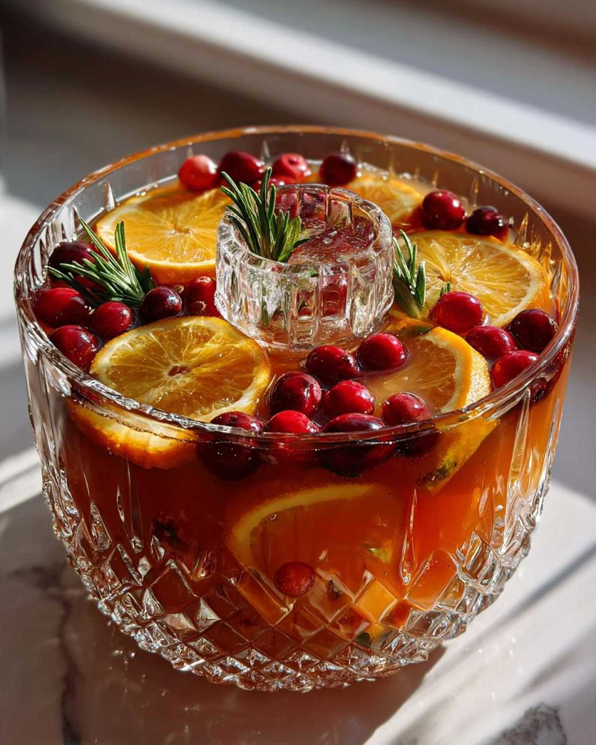 A beautiful crystal bowl filled with an amber thanksgiving punch, garnished with orange slices, cranberries, and rosemary sprigs.