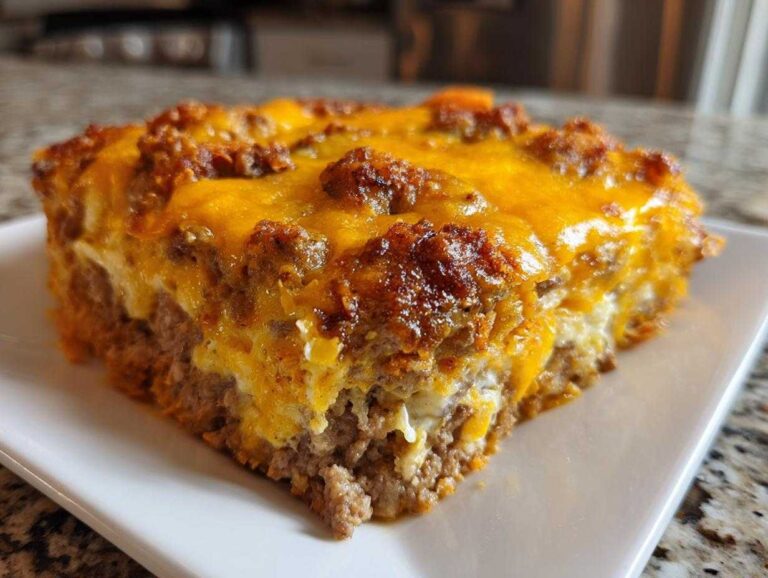Close-up of a thick slice of Dorito Casserole featuring layers of ground meat and melted, browned cheddar cheese on top.
