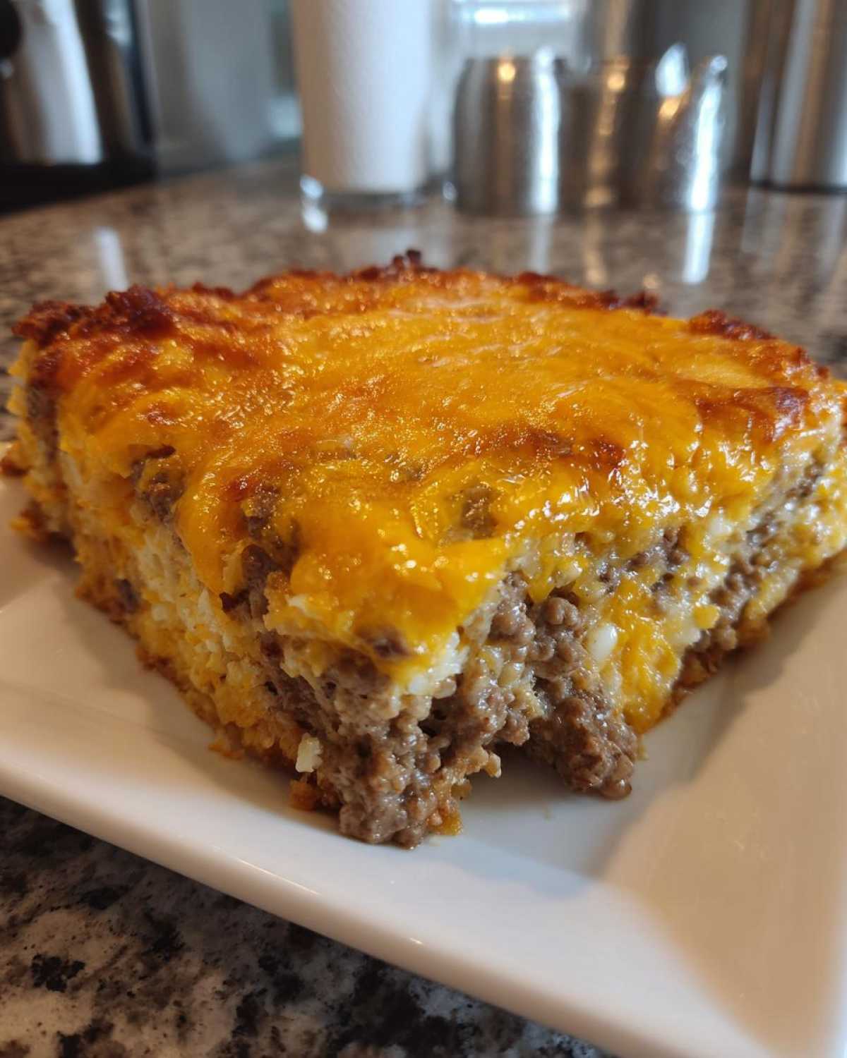 A square slice of Dorito Casserole featuring layers of ground beef and a thick, melted cheddar cheese topping.