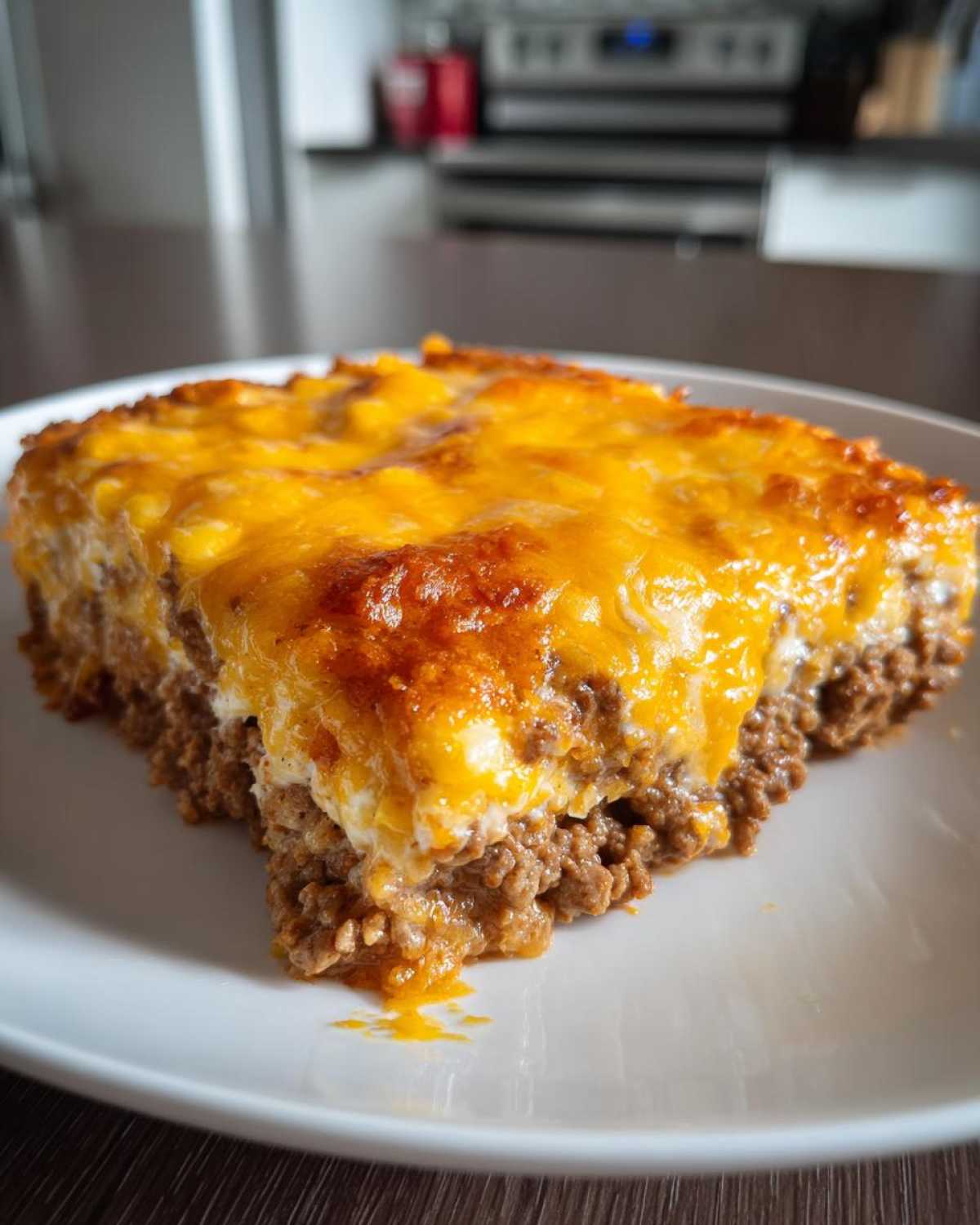 A close-up slice of Dorito Casserole featuring a thick layer of seasoned ground meat topped with bubbly, melted cheddar cheese.