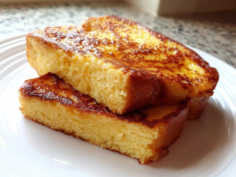 Two thick, golden slices of easy french toast stacked on a white plate, glistening with syrup.