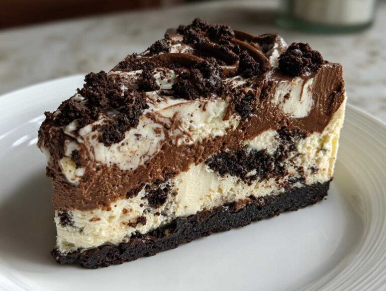 A decadent slice of no-bake ice cream cake featuring layers of vanilla, chocolate mousse, and crushed cookies.